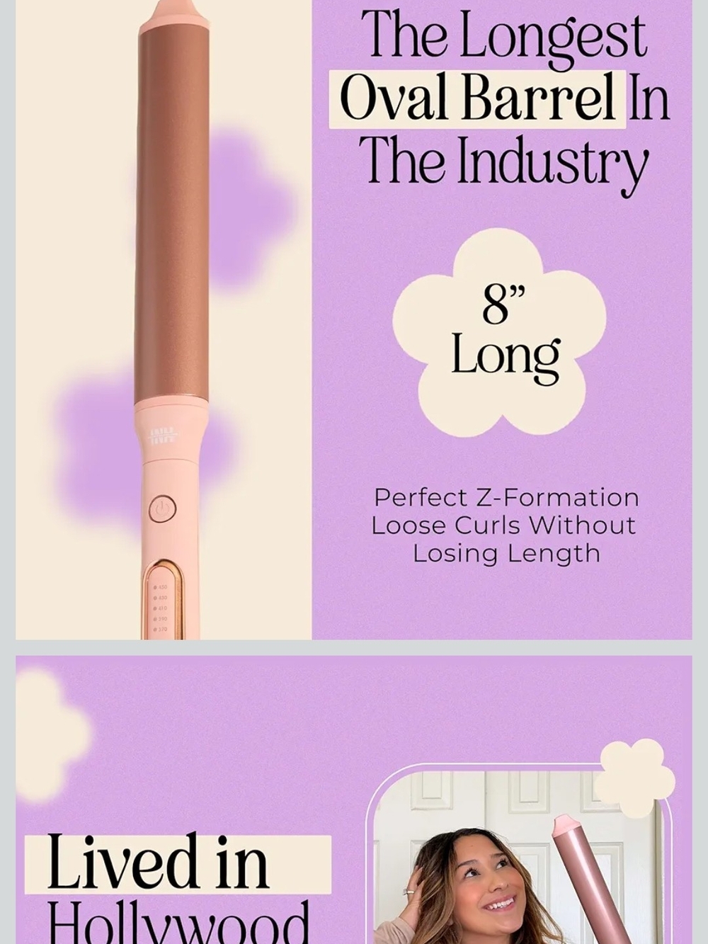INH 8" Oval Barrel Curling Wand For Long Hair- Pink & Rose Gold